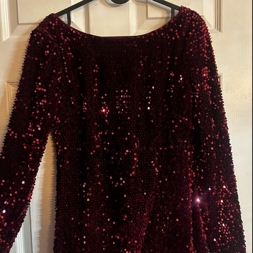 Burgundy Sequin Long Sleeve Dress - Picture 3 of 5